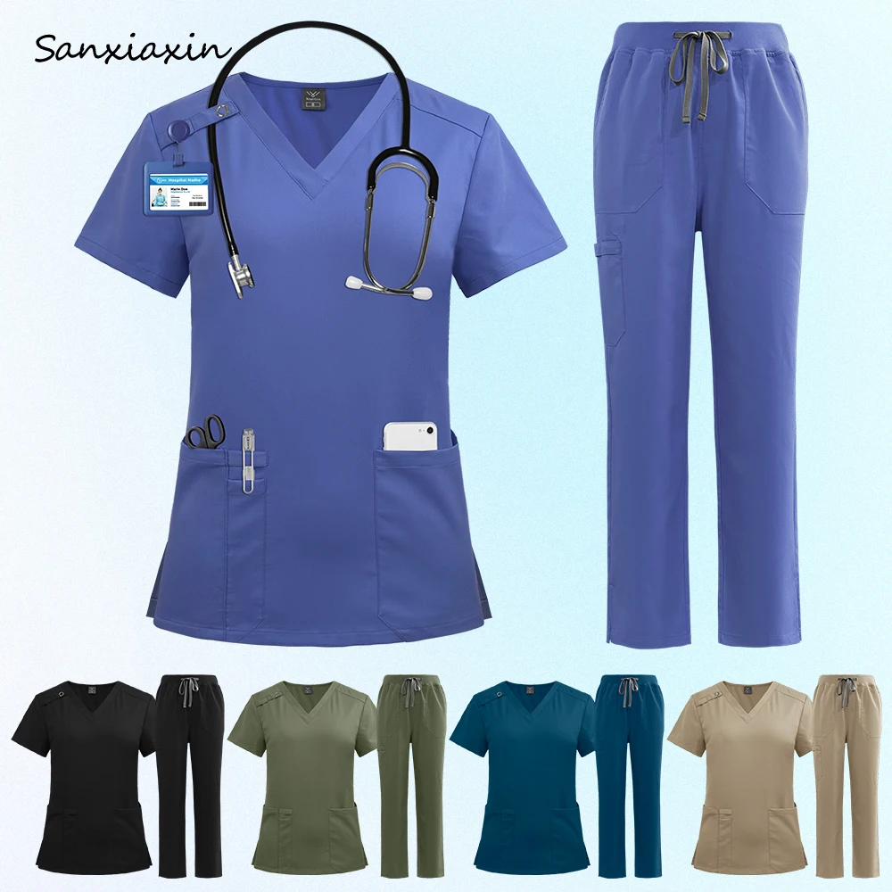 

New Pet Clinic Vet Medical Uniform Elatic Solid Tops Pants Set Nurse Uniform Women Men Scrub Uniform Dental Hospital Surgery Set