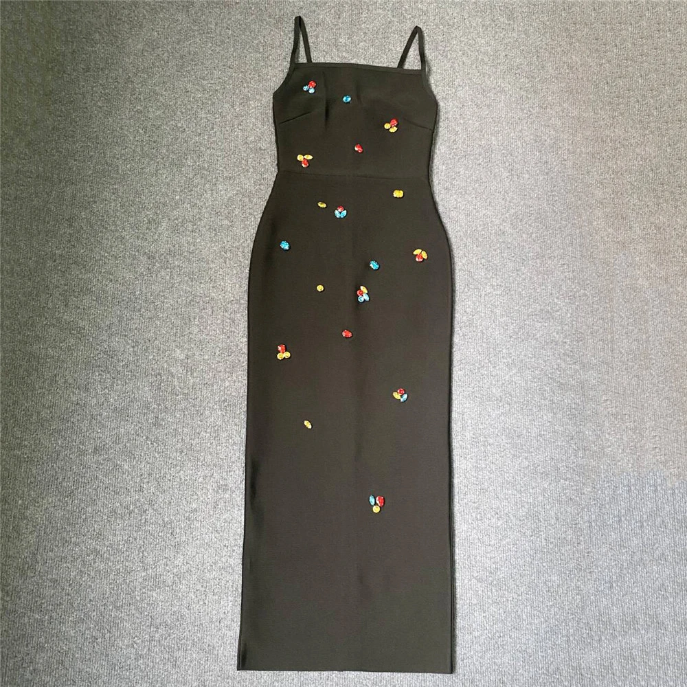 Celebrity Red Carpet Fashion Dress Women Sleeveless Sexy Strap Square Collar Colorful Rhinestones Bodycon Long Bandage Dress