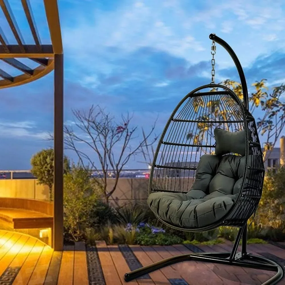 

Swing Chair with Stand, Foldable Rattan Wicker Egg Hammock Chair with Cushion & Pillow for Patio or Garden Use
