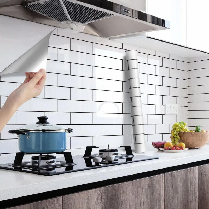 White Brick Adhesive Wall Wallpaper Waterproof and Oil Resistant Kitchen Cabinets Wallpaper High Temperature Resistance 40cm