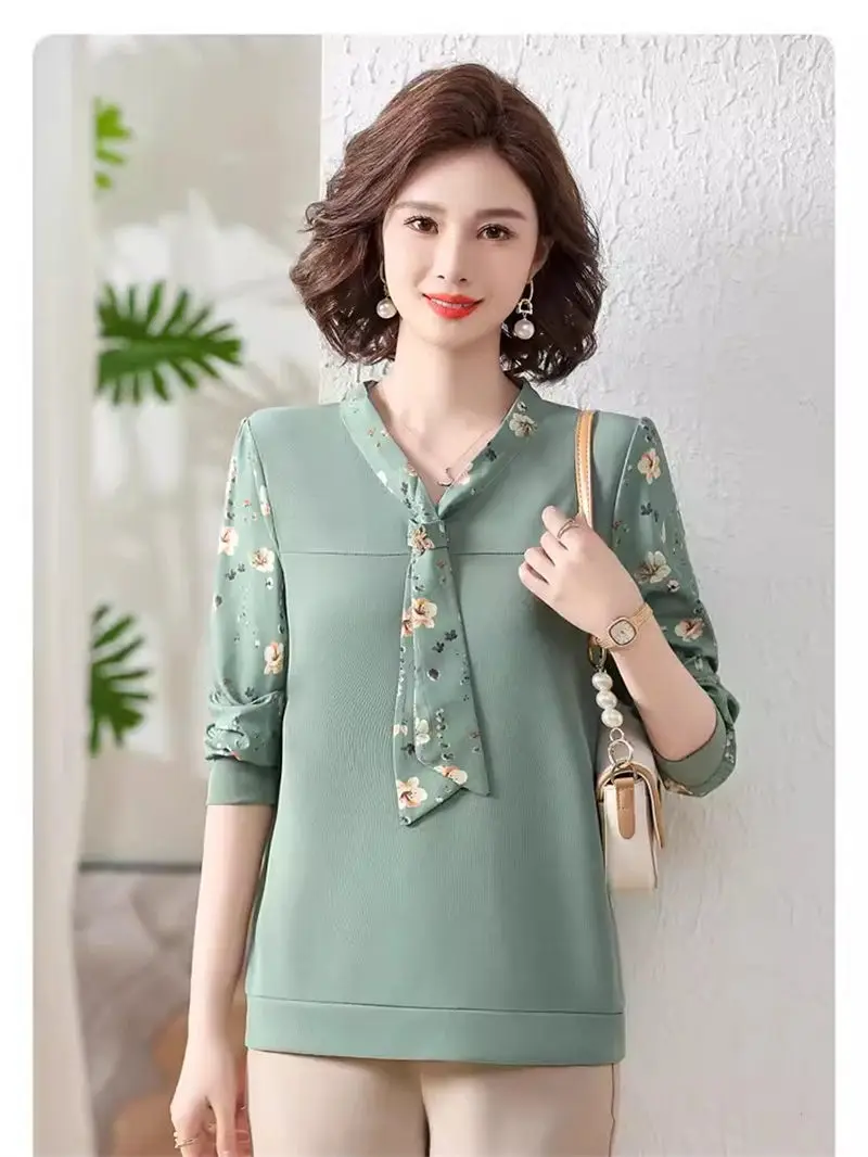 Middle Aged Mother Spring And Autumn Long Sleeve Chiffon Ribbon Shirt For Women 2024 Fashionable Versatile Top T Shirt K059