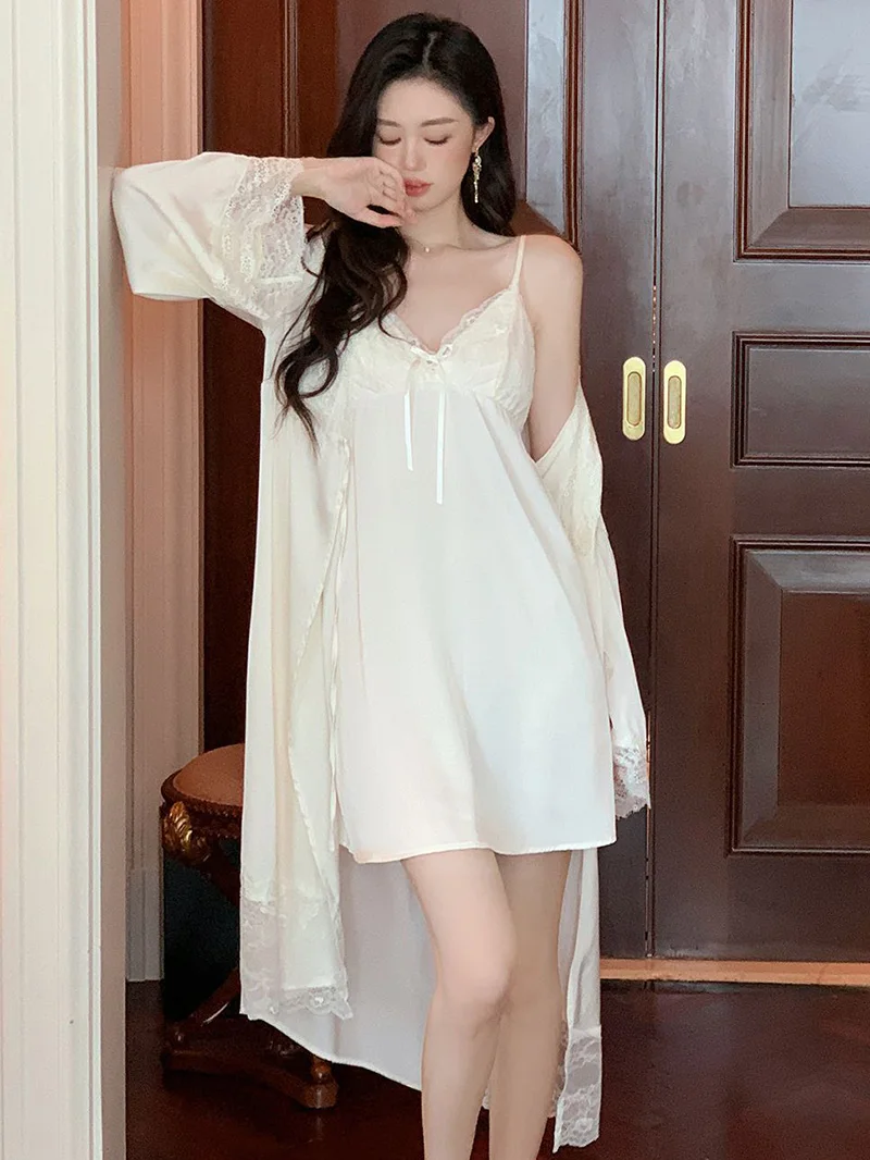 Women Sexy Spaghetti Strap Nightgowns Sleeping Dress Spring Autumn Elegant Silk French Fairy Morning Robe Home Two Piece Sets