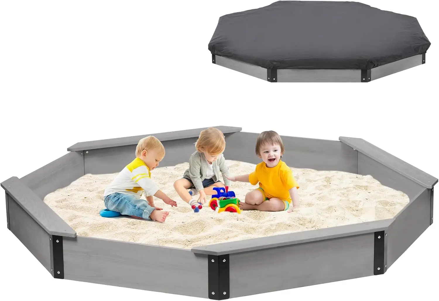 

85''x78''x9'' Wooden Octagon Sandbox with Cover, Large Sandpit for Kids Outdoor Patio Backyard Play, Easy & Quick Assemble