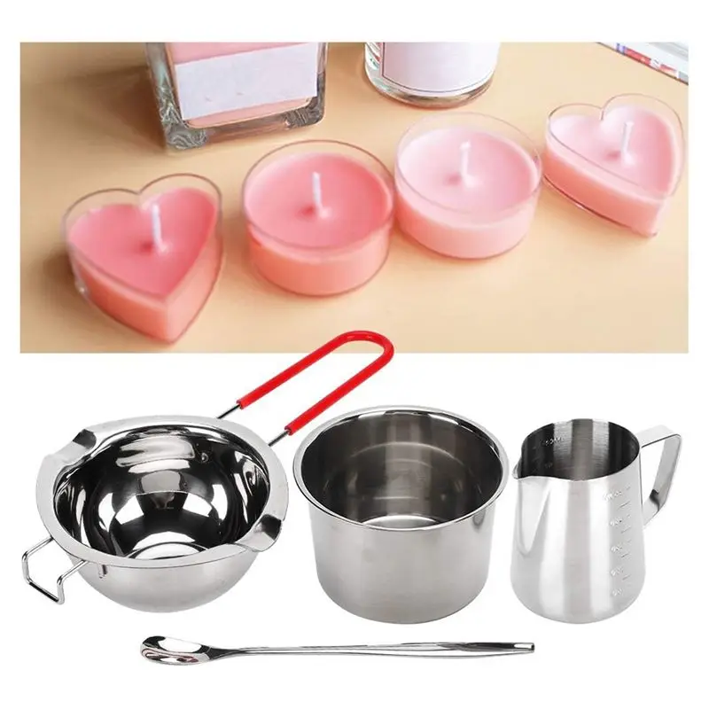 A01F-Stainless Steel Candle Making Kit Double Nozzle Boiler Spoon Handle Hanging Design With Two Heating Pots For DIY Craft