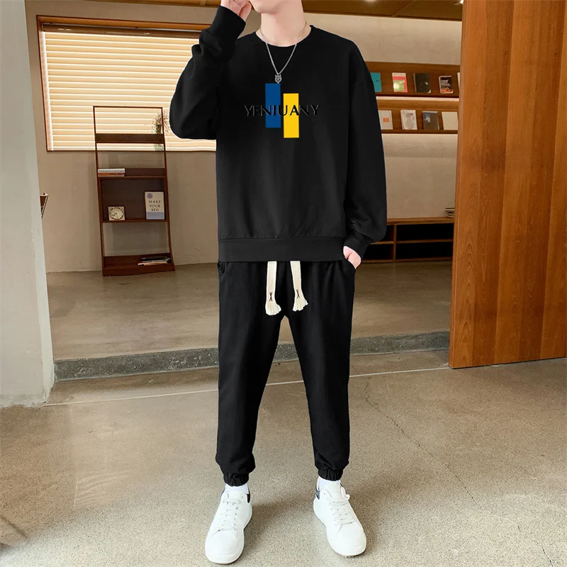 

Couple Fashion Loose Round Neck Sweatshirt Men Underlay Shirt 2pcs Set Sweatpants Pant Suit Top T-Shirt Spring Autumn Streetwear