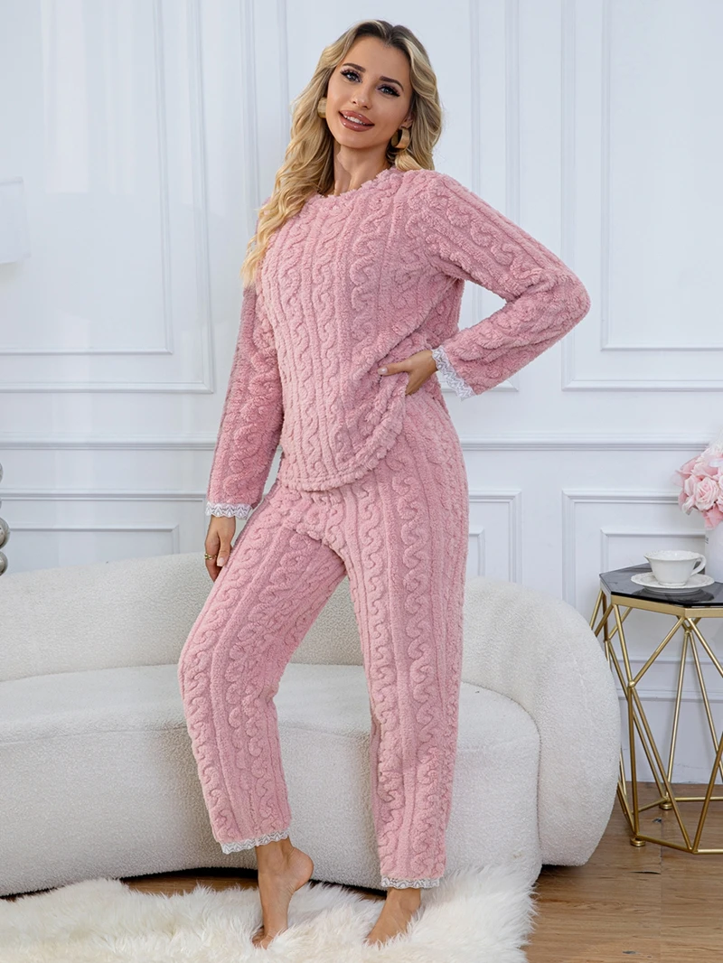 

Women's Soft Flannel Pajama Set Long-Sleeve Round Neck Top And Bow Decor Pants Lace Trim Details Gentle Style Sleepwear Homewear