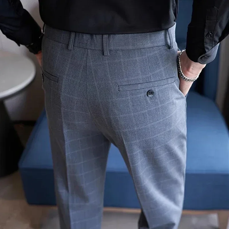 2024 New Gray Plaid Suit Pants Men, Fashionable Slim Streaks Trousers Korean Navy Blue Pantalones Hombre, 28-32,33,34,36,38