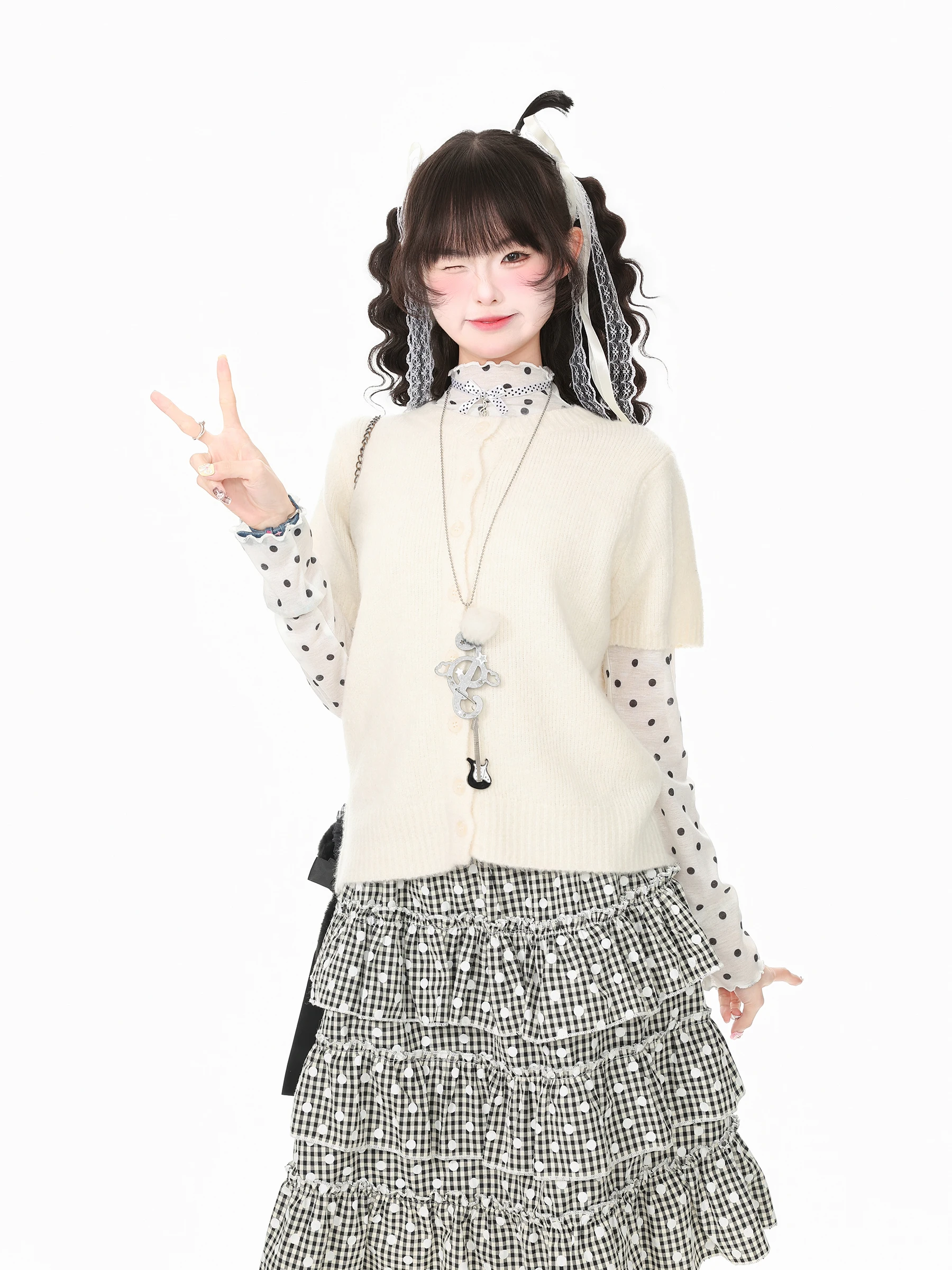 Blue Ghost Park Languid Park Polka Dot Ruffle  Open Cardigan Base Shirt Two Piece Set Women's Autumn Set Casual Style Pol...
