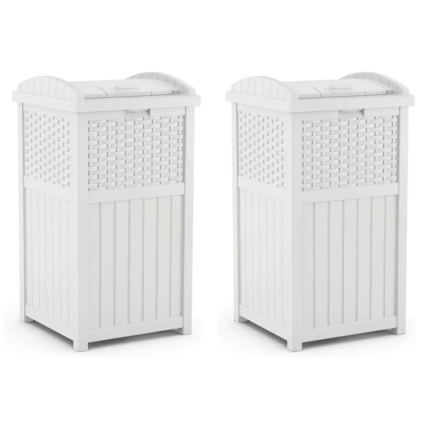 

Wicker Plastic Outdoor Hideaway 33 Gallon Trash Can Bin with Latching Lid for Backyard, Deck, or Patio Use, White (2 Pack)