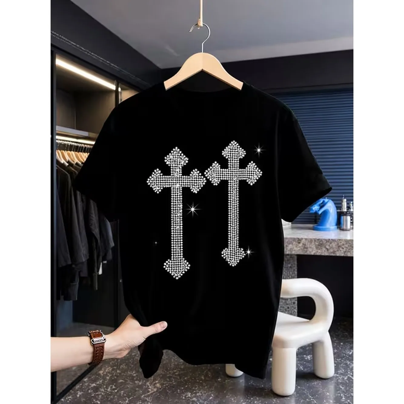 Black T Shirt With Sparkling Cross Shaped Crystal Pattern Features A Casual Round Neck Design Suitable For Evening Wear And Special Occasions Made From Soft And Breathable Fabric Everyday Wear Or As A Gift