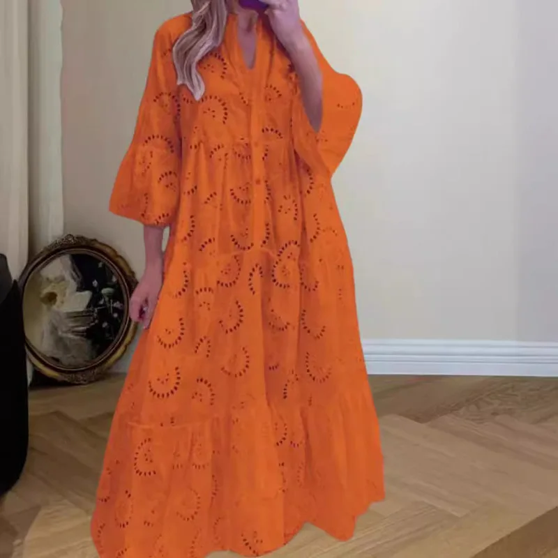 

Spring Women Loose Casual Dress With Puff Sleeves Solid Color Hollow Out Design Breathable And Comfortable Elegant Fashion