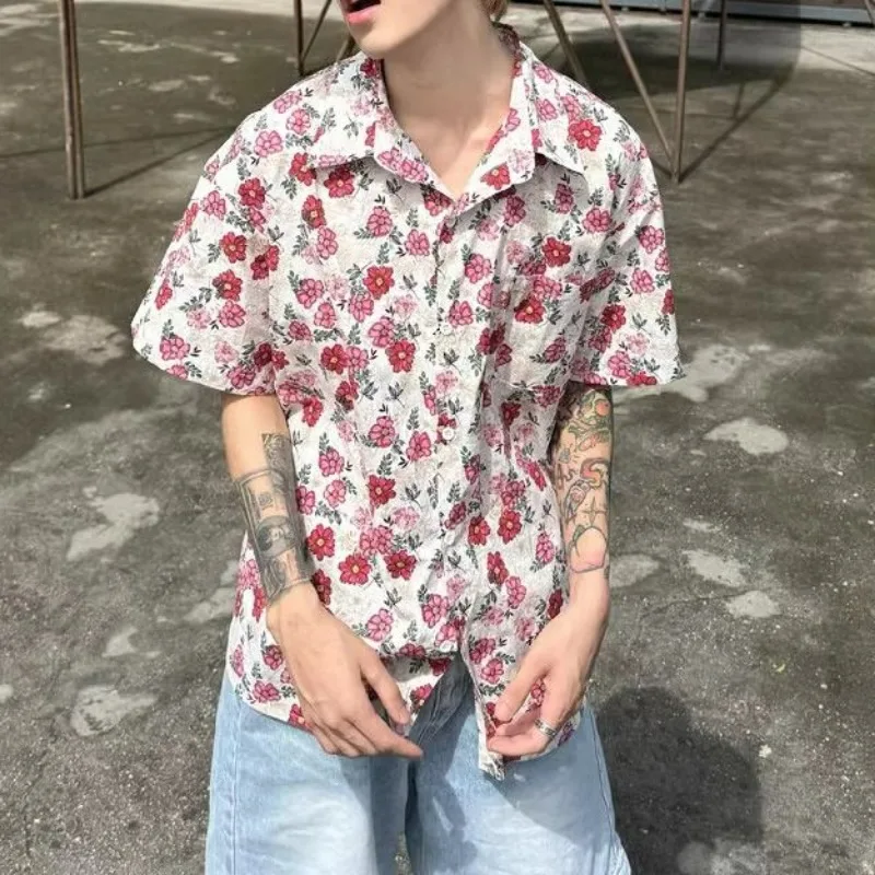 

Men Trendy Vintage Floral Print High Street Hawaiian Vacation Beach Shirt Youth Summer Casual Lapel Short Sleeve Loose Chic Tops