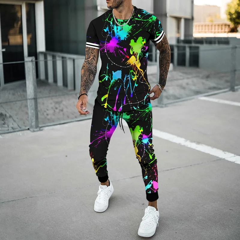 2023 Summer Men\'s 2 Piece Sets Oversized T Shirts Joogers Outfits Fashion Men Trousers Tracksuit 3D Printed Trend Male Clothing