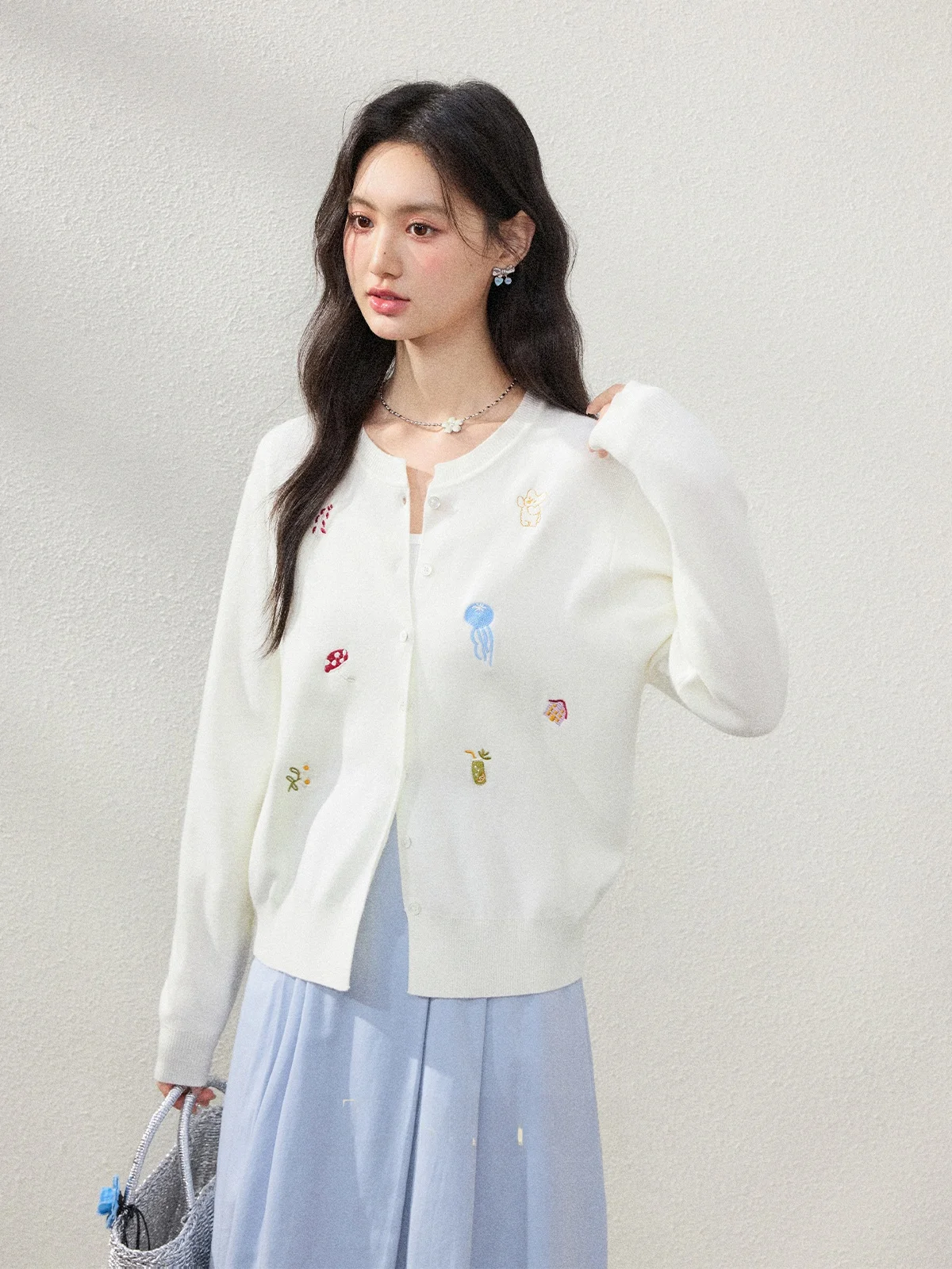 

Unique Miu Style Knitted Sweater Women's Peach Color Spring Fashion Early 2026 Loose Fit Long Sleeve round Neck Print Cardigan