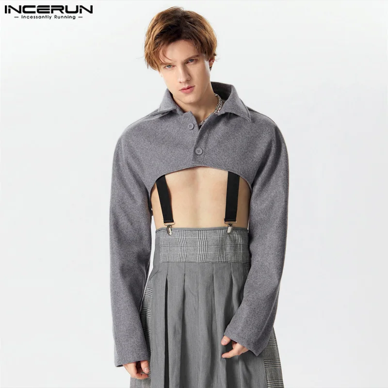 INCERUN Men's Jackets Solid Color Lapel Long Sleeve Button Crop Coats Men Streetwear 2024 Spring Fashion Casual Jackets S-3XL