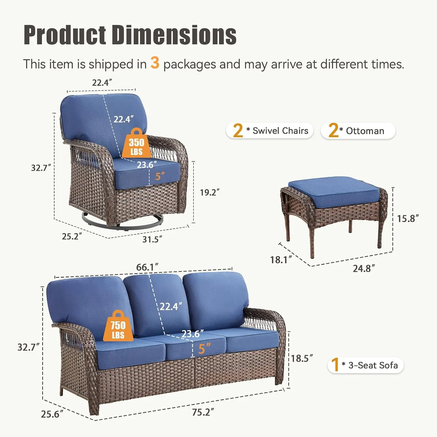 5 Pieces Patio Furniture Set Swivel Rocker Chairs Wicker 3 Seater Sofa Ottoman Outdoor Seating Deck Yard Blue, Customized