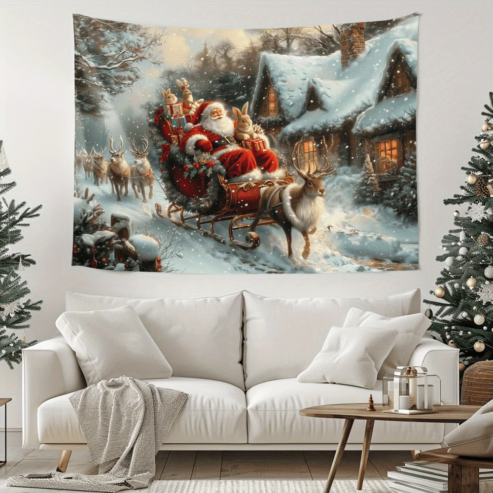VIKAMA Christmas Sleigh Tapestry Reindeer Standing in Snowflakes Living Room Holiday Decor Theme Warm Room Decor