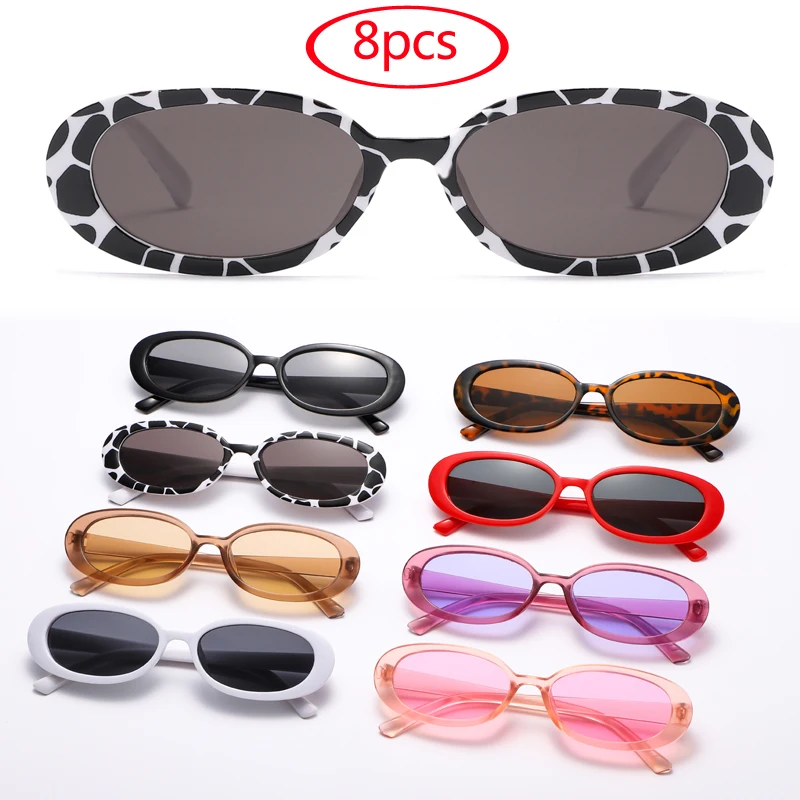 8pcs Small Oval Sunglasses Women Vintage Brand Retro Black White Sun Glasses Classic Shades Female Oculos UV400