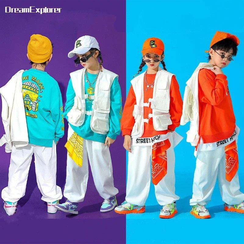 

Boys Hip Hop Solid Color Sweatshirt Vest Joggers Girls Cool Top Street Dance Loose Pants Kids Jazz Clothes Sets Child Streetwear