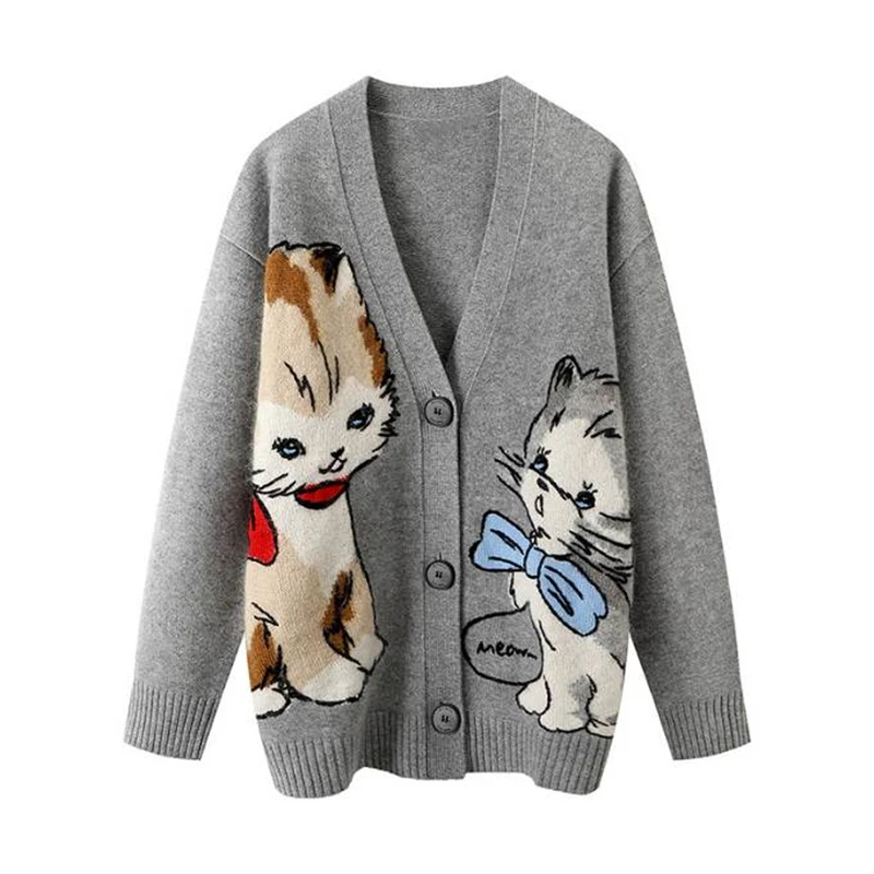 Women Knitted Cardigans Cartoon Cat Pattern Retro Korean Chic Long Sleeve V-neck Sweater Coat Fashion Outerwear Loose Female Top