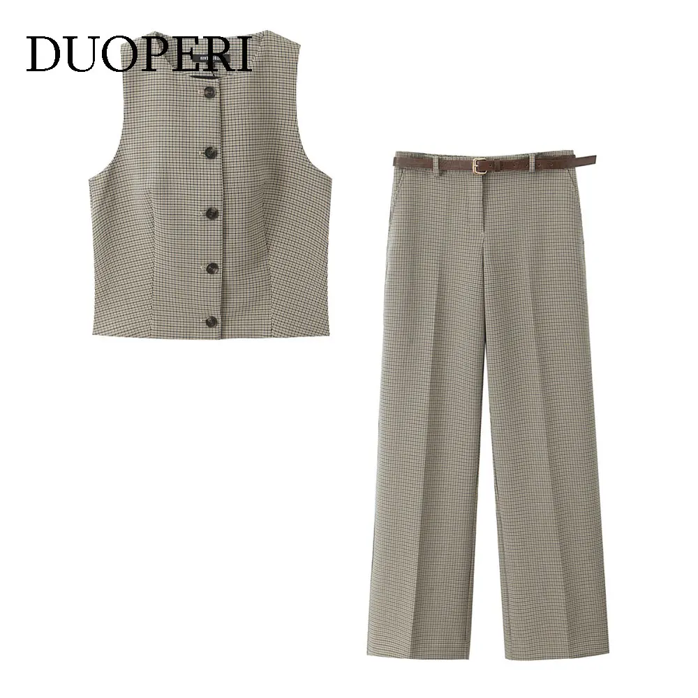 DUOPERI Women Two Piece Sets Plaid O-Neck Sleeveless Tank Tops & Straight Leg Pants Casual Female Chic Suit