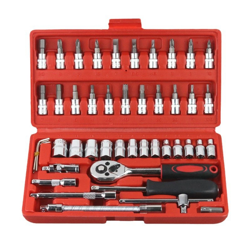 46Pcs Carbon Steel Car Repair Tool Kit Socket Set Ratchet Torque Wrench Multi-functional Auto Repairing Tool Set for DIY Project