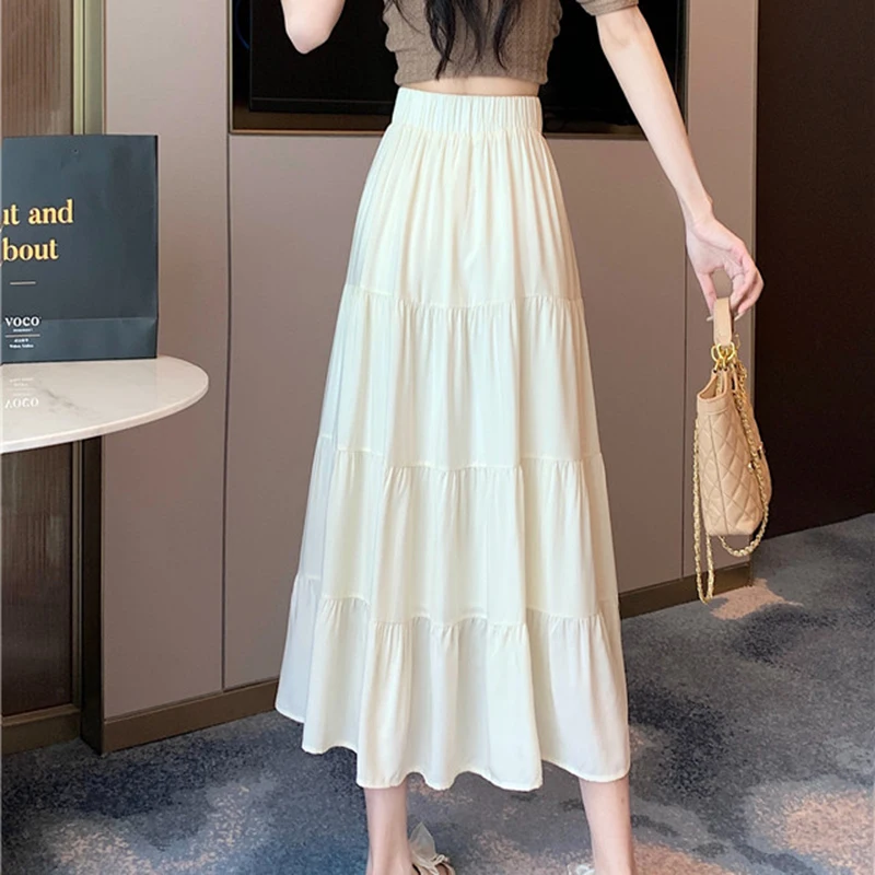 L - 4XL Plus Size Skirt For Women 2025 Summer New Arrival High Elastic Waist A Line Pleated Skirt Women Korean Fashion Skirt