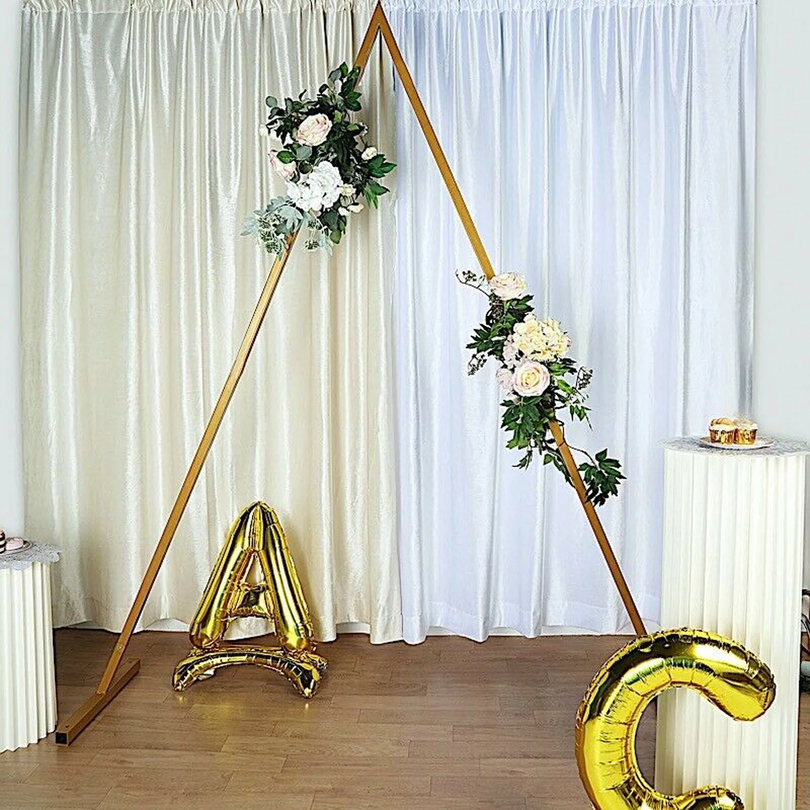 8 pés de altura triângulo dourado arco de metal pano de fundo suporte festa de fundo de foto de casamento