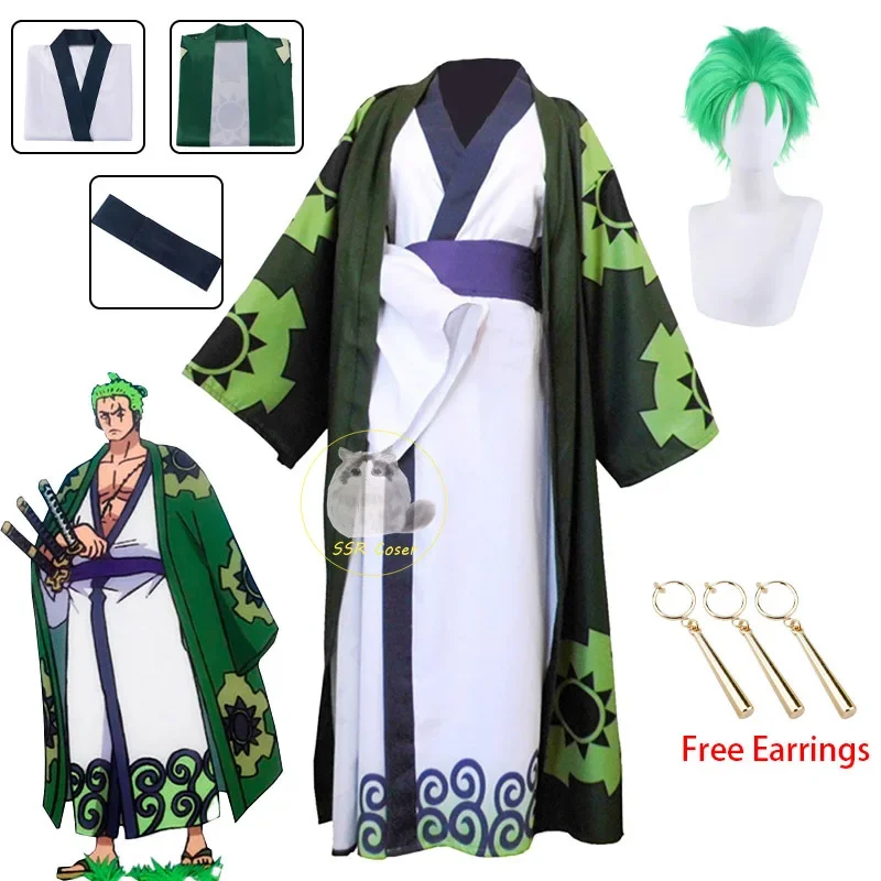 Anime Roronoa Zoro Cosplay Kostuum Wano Kuni Land Kimono Robe Zoro Pruik Oorbellen Outfits Halloween Carnaval Kostuum voor Mannen