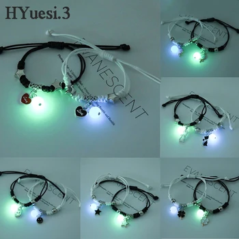 2 stücke leuchtende Katze Stern Mond Kreuz Charms Armband Set Paar verstellbare gewebte Seil Freundschaft Armband für Frauen Männer Sommer Geschenk