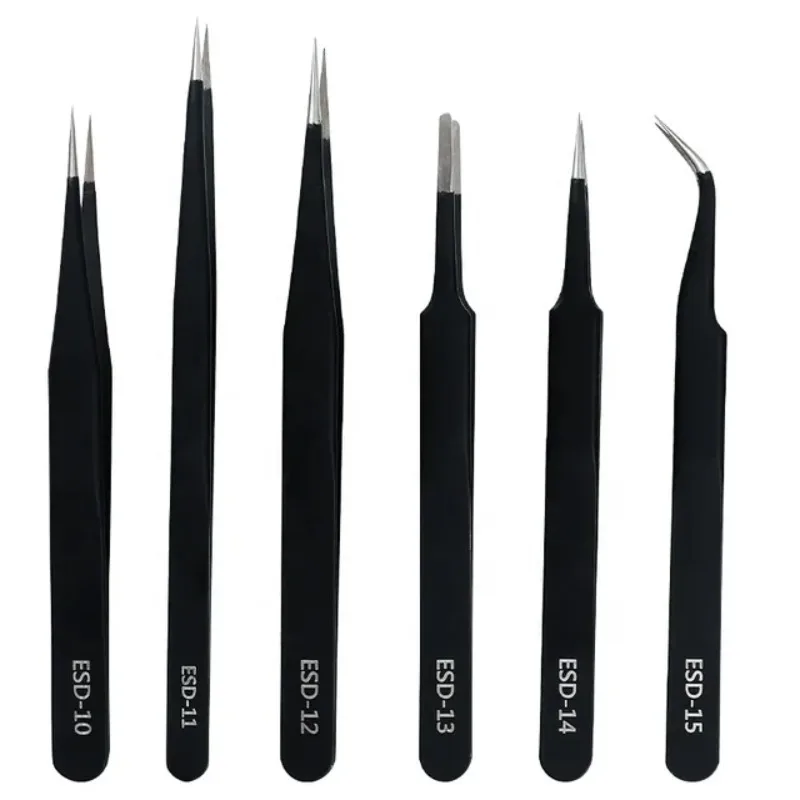Anti‑Static ESD Tweezers Set 6Pcs, Stainless Steel Straight & Curved Precision Tweezers for Jewellery DIY Repair Work