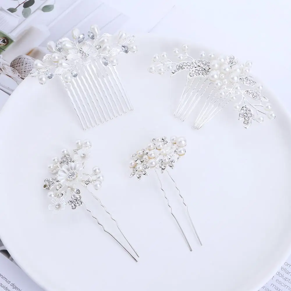 Grace Simple Hairpin Women Pearl Flowers Rhinestone Hair Stick Hair Accessories Korean Style Headwear Five-tooth Hair Comb