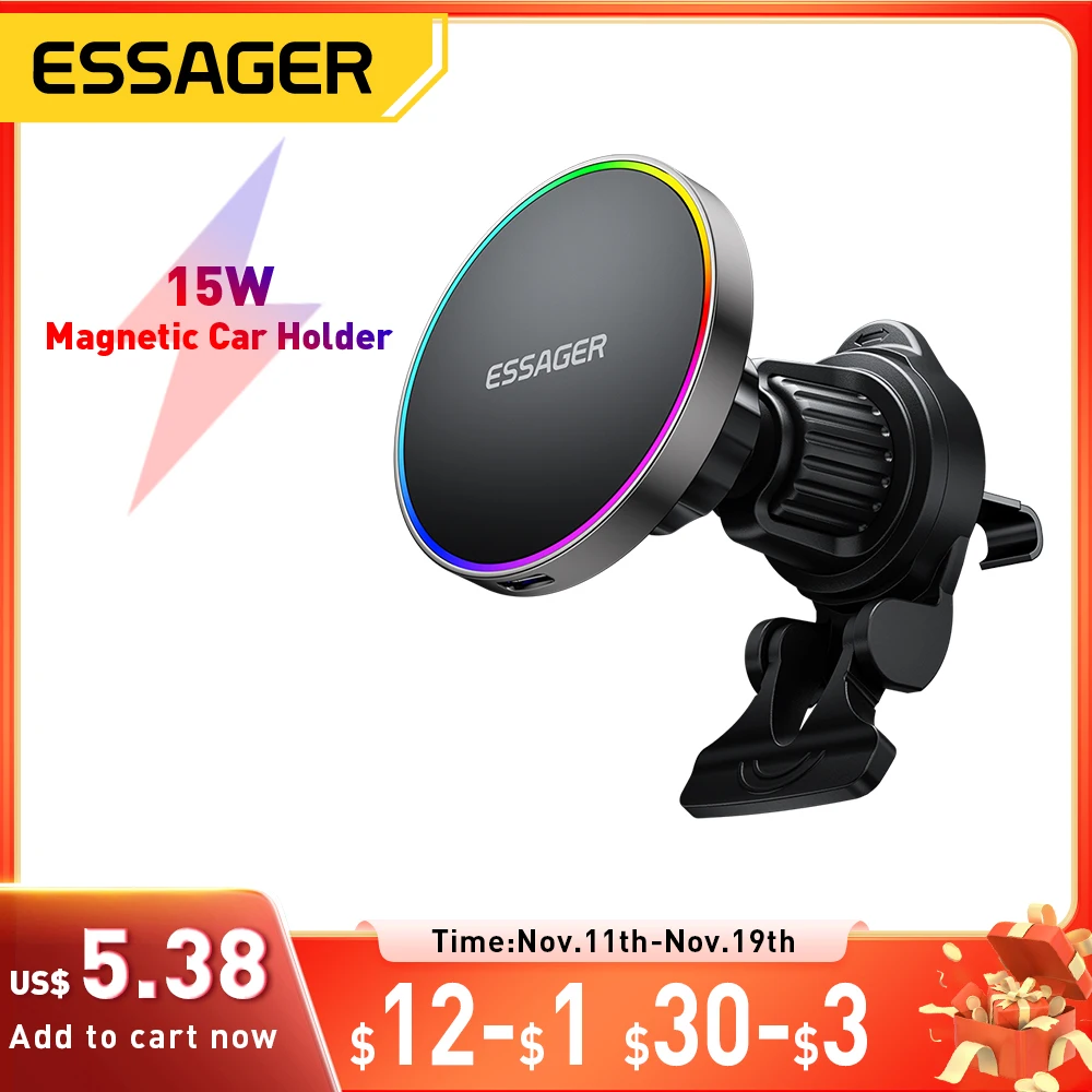 

Essager 15W Magnetic Car Phone Holder Wireless Charger Stand For iPhone 16 15 14 13 Pro Max Charging for Magsafe Car Charger RGB