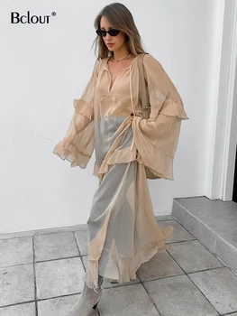 Bclout Moda Gevşek Haki Uzun Elbise Kadın 2024 Streetweed O-Boyun Şeffaf Seksi Elbiseler Rahat Batwing Kollu Ruffled Elbise