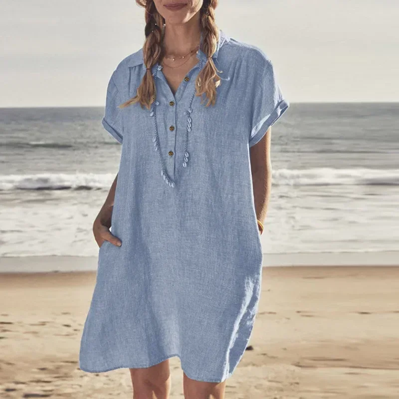 Women Summer Solid Color Cotton and Linen Short Sleeved Button Dress with Lapel Pockets  Loose Fitting Dress Beach Casual Dress