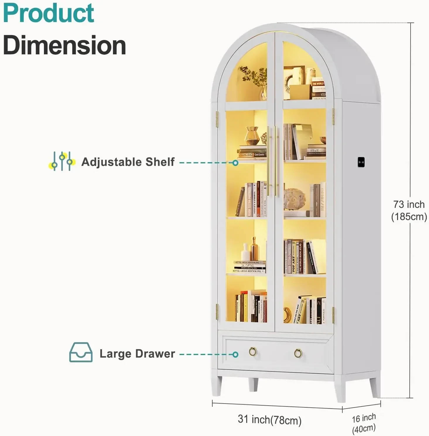 73 Inch Tall White Arched Glass Door Display Cabinet 4 Tier Curio With 3 Color Human Body Sensor LED Lights Adjustable Shelf For