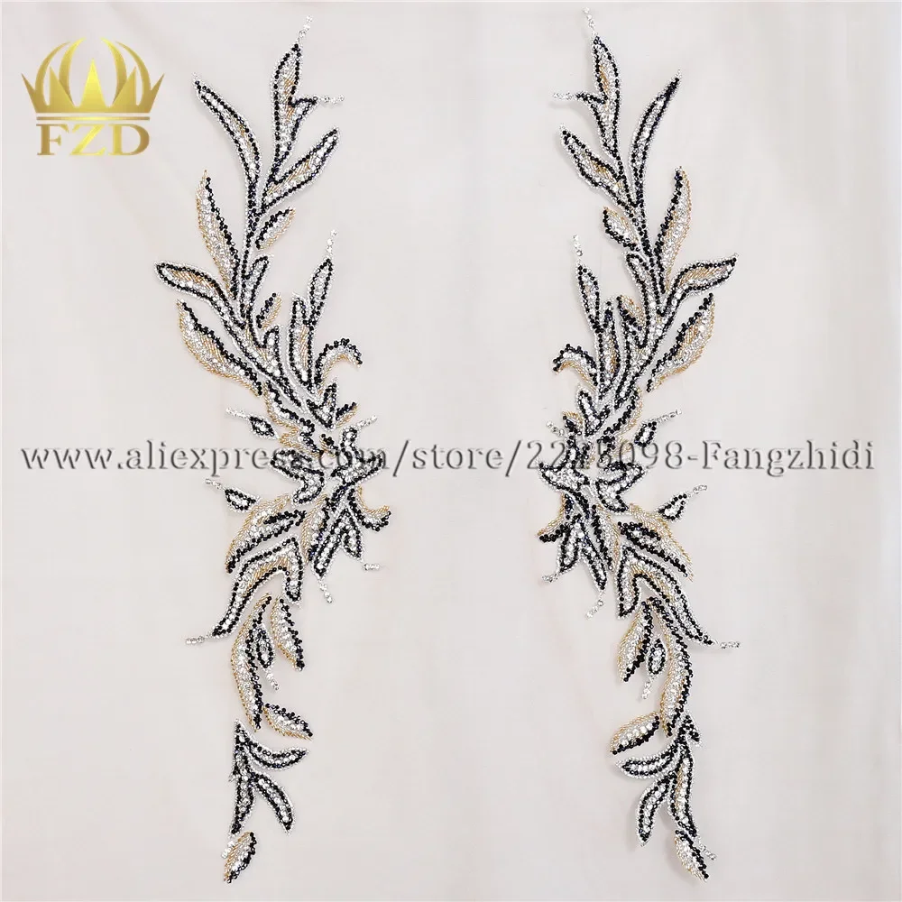 FZD 1 Piece Handmade Sew-on Beaded Crystal Rhinestone Applique Patches With Gauze for Wedding Dress DIY Bridal Waist Decoration