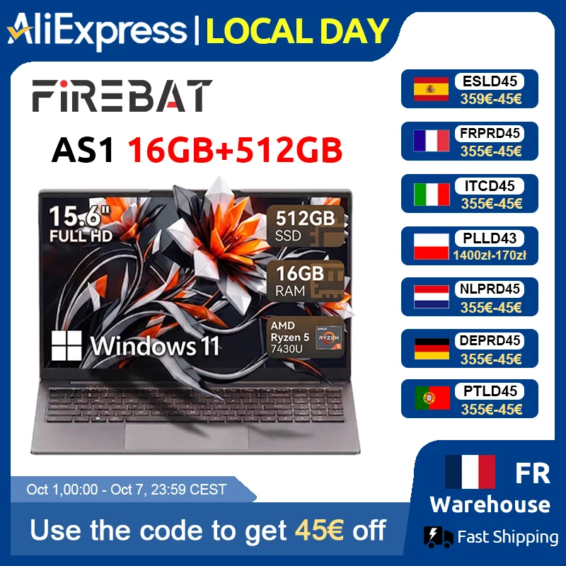 Firebat Laptop AS1 AMD R5 7430U 16GB DDR4 512GB SSD 15.6 Pollici Notebook Windows 11 Type-C WIFI6 Tastiera Retroilluminata a Grandezza Naturale