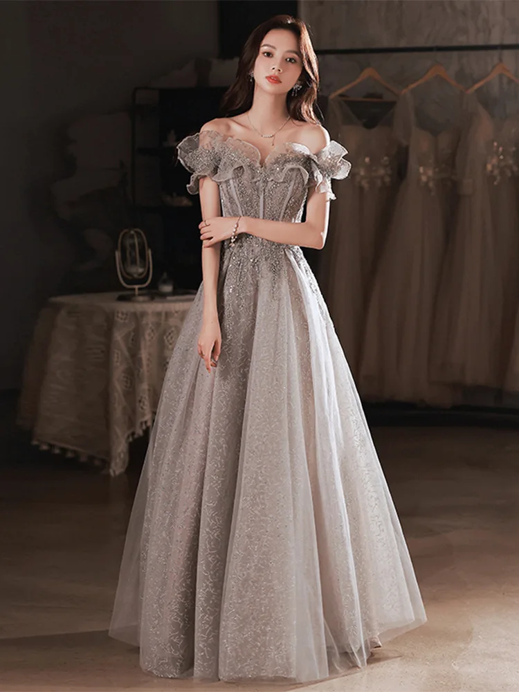 

Elegant French One Shoulder Sequins Applique Back Banding Gowns Party Banquet Female Stage Show Dresses Cheongsam