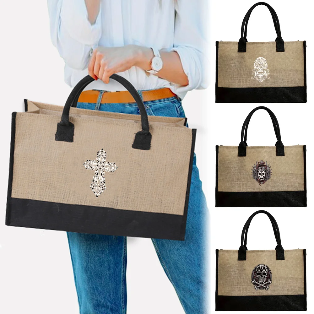 

Commuting Bags Reusable Canvas Bag Vintage Jute Bags Handbag Simplicity Imitation Sacks Tote Storage Bag Skull Pattern