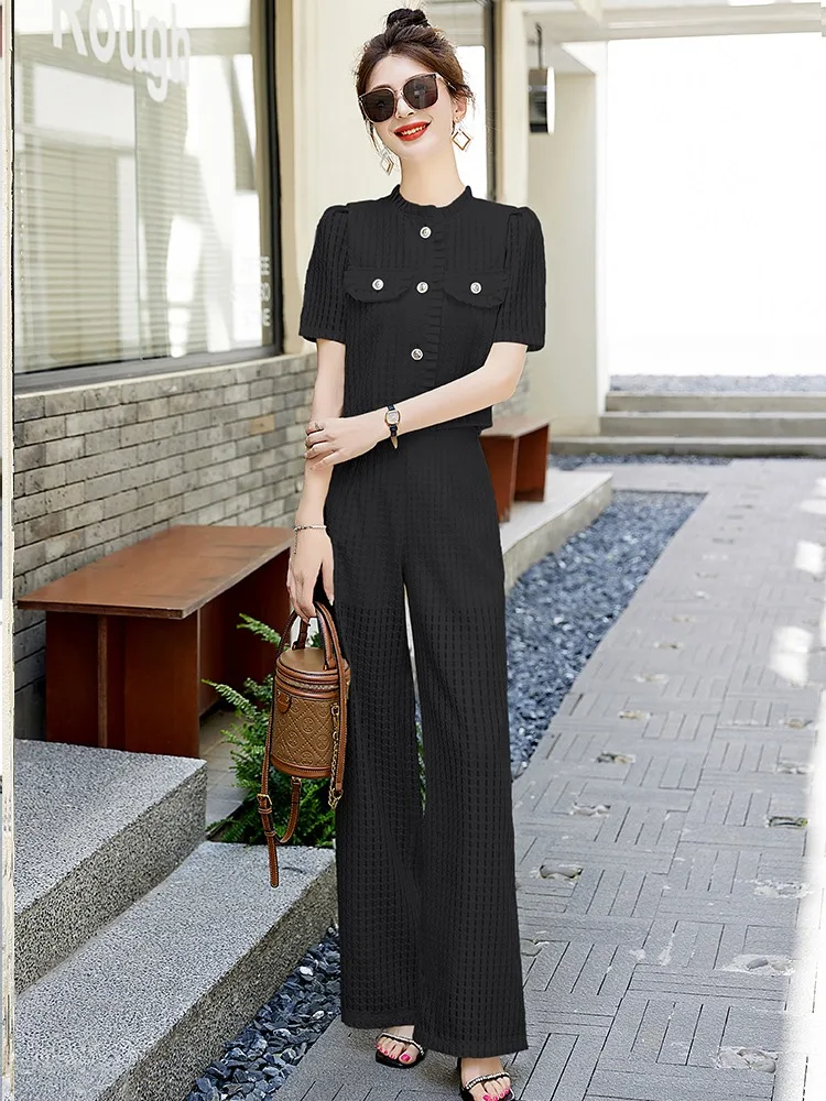 Women Summer Y2k White Lattice Fashion 2-Piece Set Female Office Clothes 2024 Elegant Relief Cardigan Tops+High Waist Pants Suit