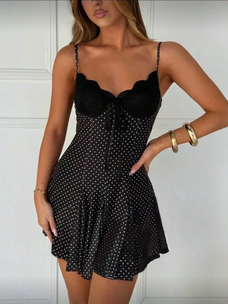 Blifanbo Polka Dot Print Sexy Minikleid für Damen, Spaghettiträger, rückenfrei, ärmellos, modisch, schmal, A-Linie, Frühling und Sommer, neu