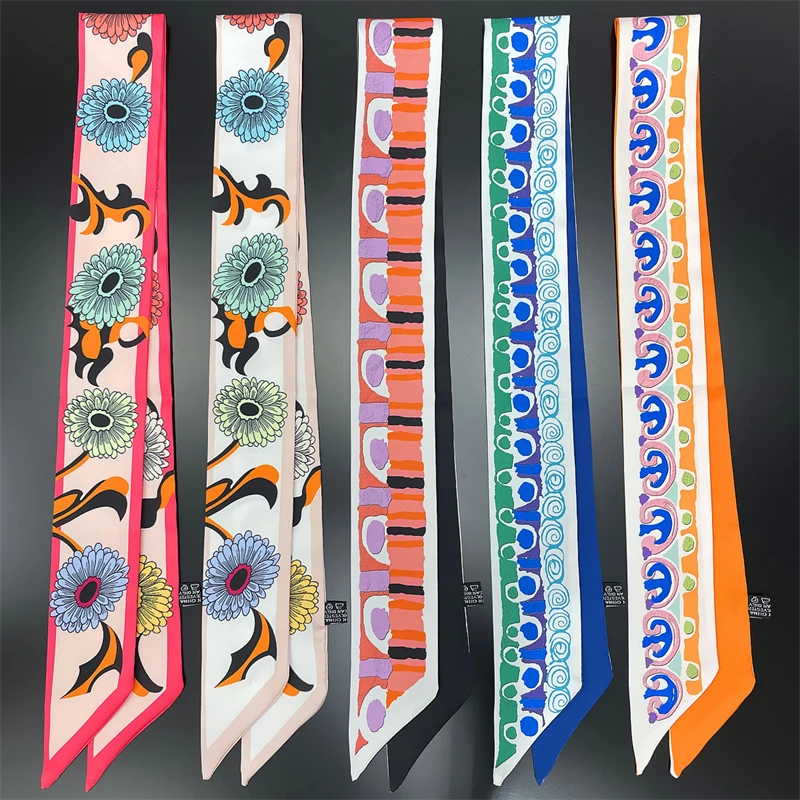 

2023 New Floral Print Ribbons Small Long Silk Scarf Women Luxury Women's Bags Accessories Tie Foulard Headsacrf