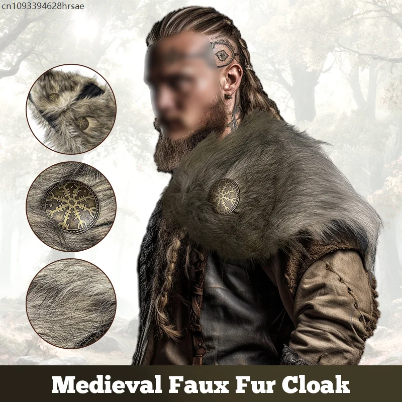 

Medieval Faux Fur Cape Faux Fur Collar King Warrior Fur Cloak Retro Medieval Vikings Dress Up Halloween Cosplay Shoulder Wrap