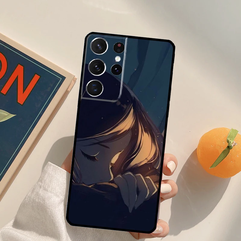 Funda de teléfono de chica de Anime triste para Samsung Galaxy S25 Ultra S24 S20 S21 S22 S23 Plus S9 S10 S24 FE contraportada