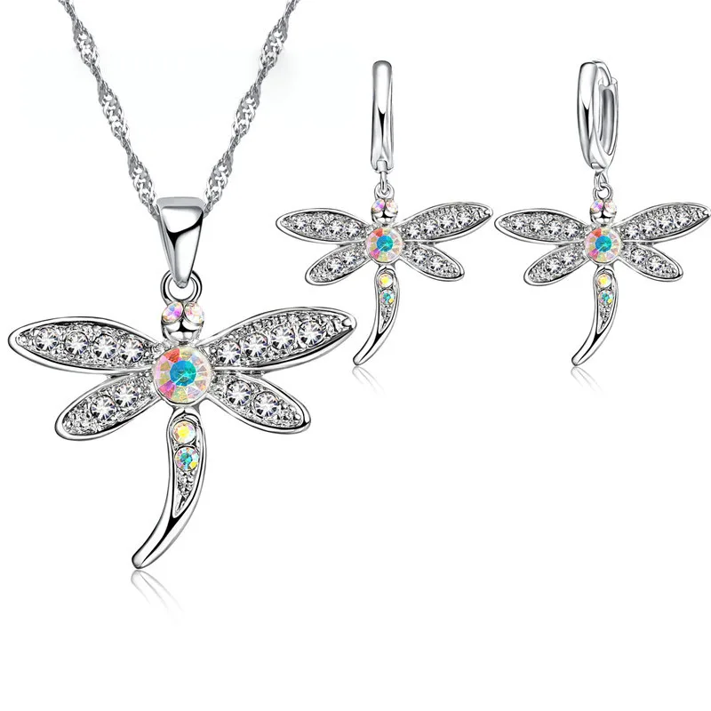 Glitter Colored Cubic Zircon Necklace Earrings Jewelry Sets for Women Girls CZ Crystal Dragonfly Real 925 Sterling Silver Color