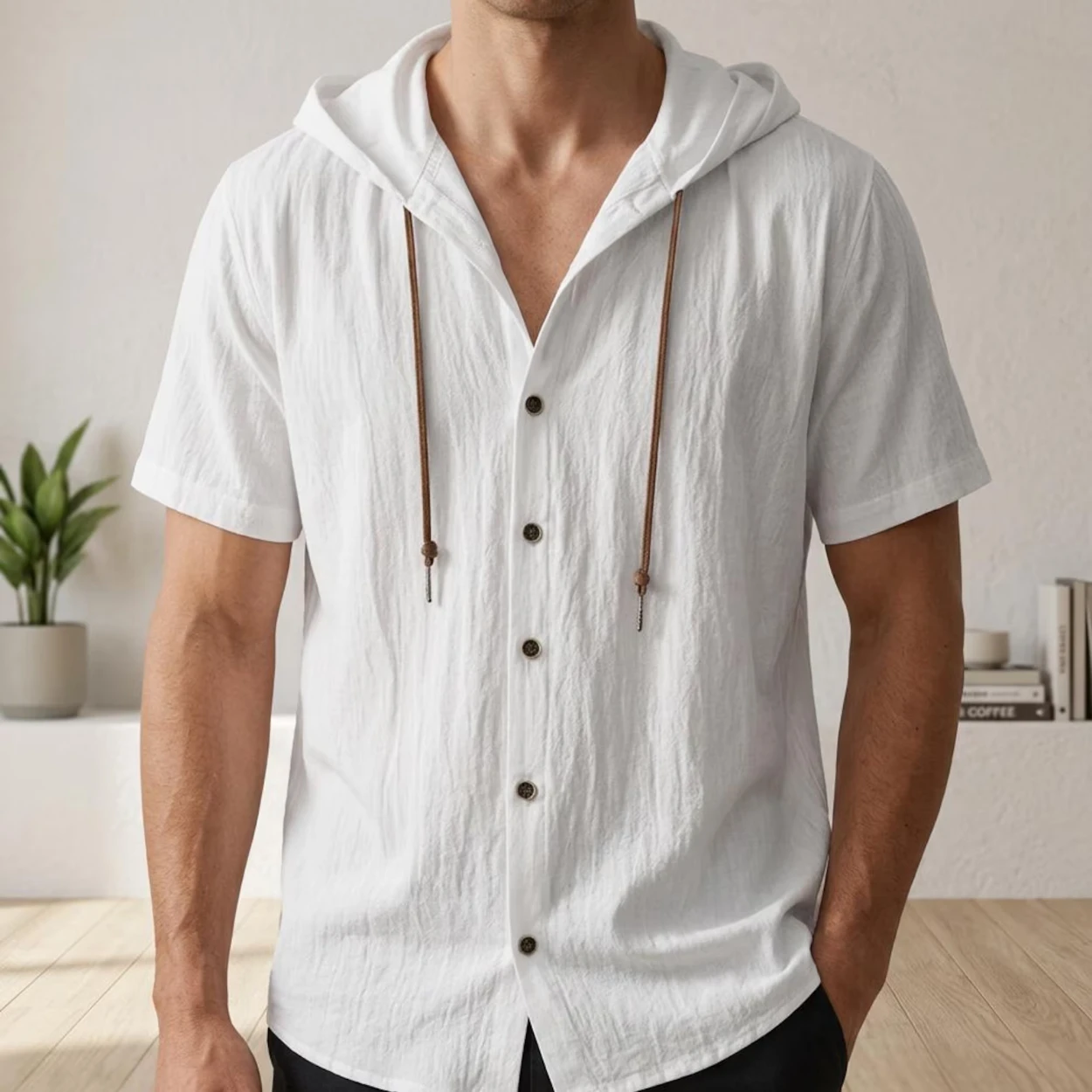 Men Casual Hooded Short‑Sleeve Button‑Up Shirt, Summer Loose Blouse, Lightweight Daily Leisure Holiday Beach Vacation Top