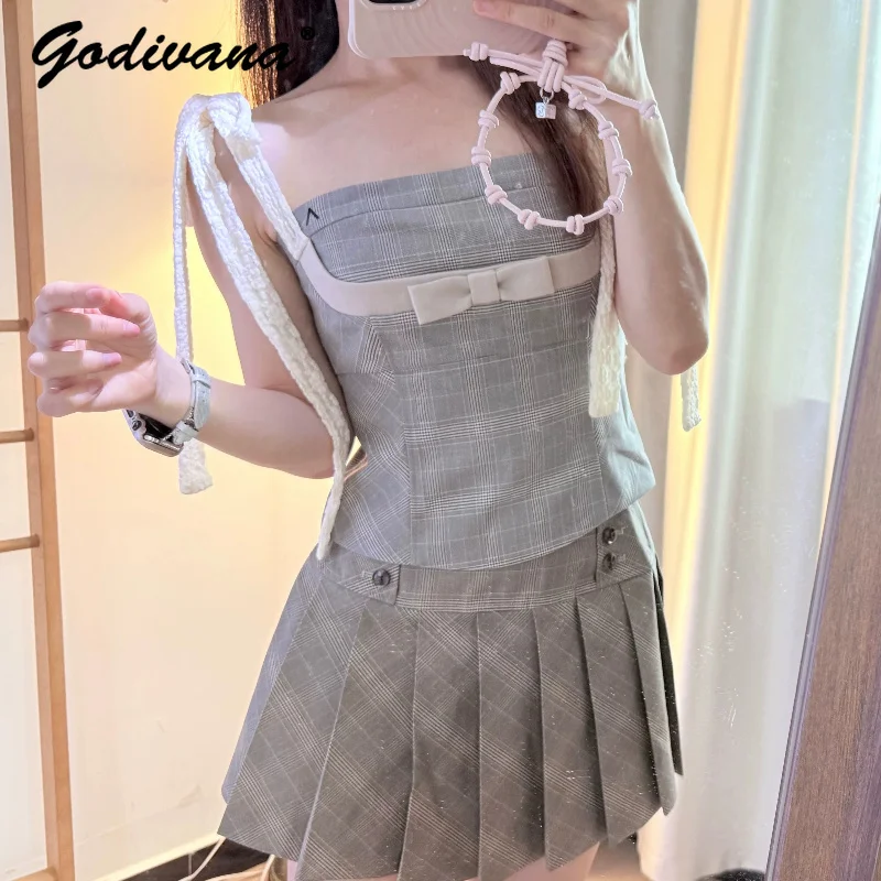 Pure Desire Japanese Style Cute Bow Plaid Shoulder Straps Lace Tops New Summer Women's Sexy Camisole Sling Tops