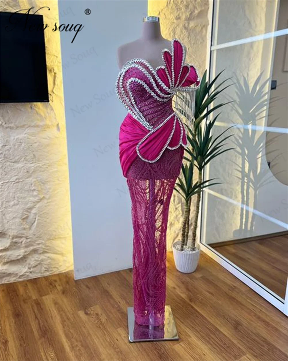 Fuchsia Perlen Abendkleider ASO Ebi Meerjungfrau Illusion Geburtstag Party Zweiter Empfang Kleid Roben Enegament Kleid für Abschlussball