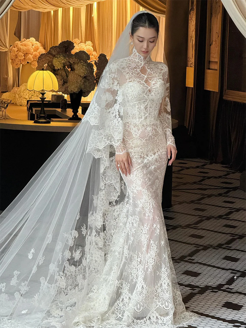 

Customized Boho White Lace Wedding Dress Formal O-Neck Long Sleeves Wedding Dress Classic Mermaid Court Train Vestido De Novia